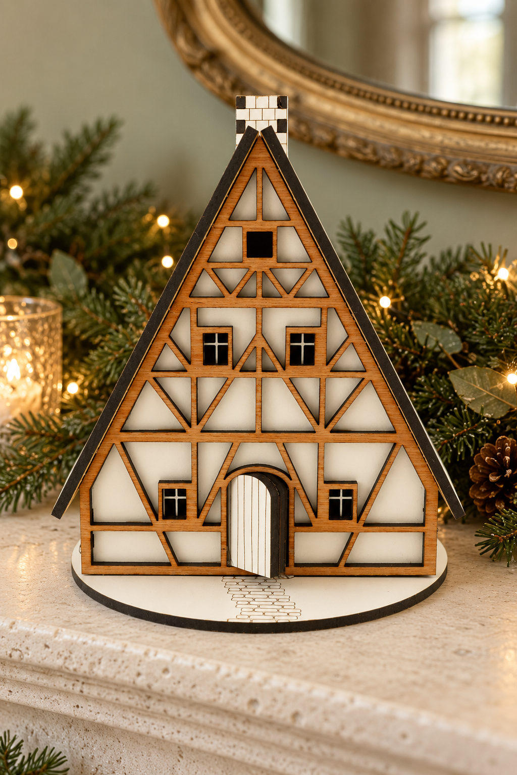 A small decorative half-timbered house ornament or miniature house displayed on a round base on a mantelpiece, surrounded by holiday greenery and warm string lights.