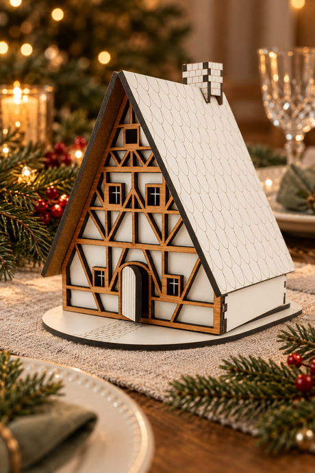 A miniature wooden half-timber house ornament or decorative figurine with a white textured roof and warm brown wood framing, displayed on a table runner with Christmas greenery and blurred holiday lights in the background.