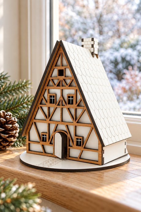 A miniature wooden half-timber house model with a white textured roof sits on a wooden windowsill, decorated with pine branches and a pinecone. A blurred snowy outdoor scene is visible in the background.