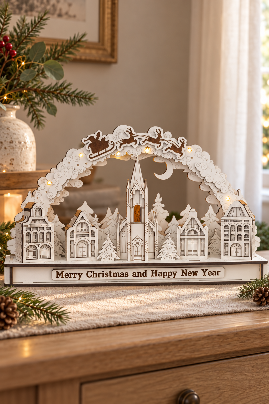 A white wooden Christmas village tabletop decoration with a church, houses, trees, reindeer, and a crescent moon, placed on a wooden surface in a warmly lit holiday room. The front reads, "Merry Christmas and Happy New Year.