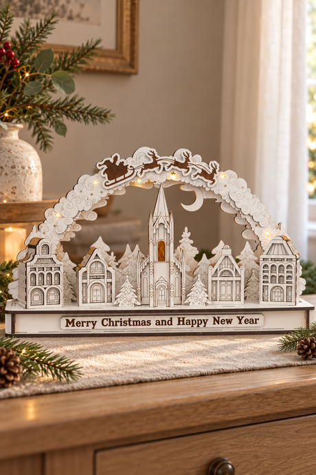A white wooden Christmas village tabletop decoration with a church, houses, trees, reindeer, and a crescent moon, placed on a wooden surface in a warmly lit holiday room. The front reads, "Merry Christmas and Happy New Year.