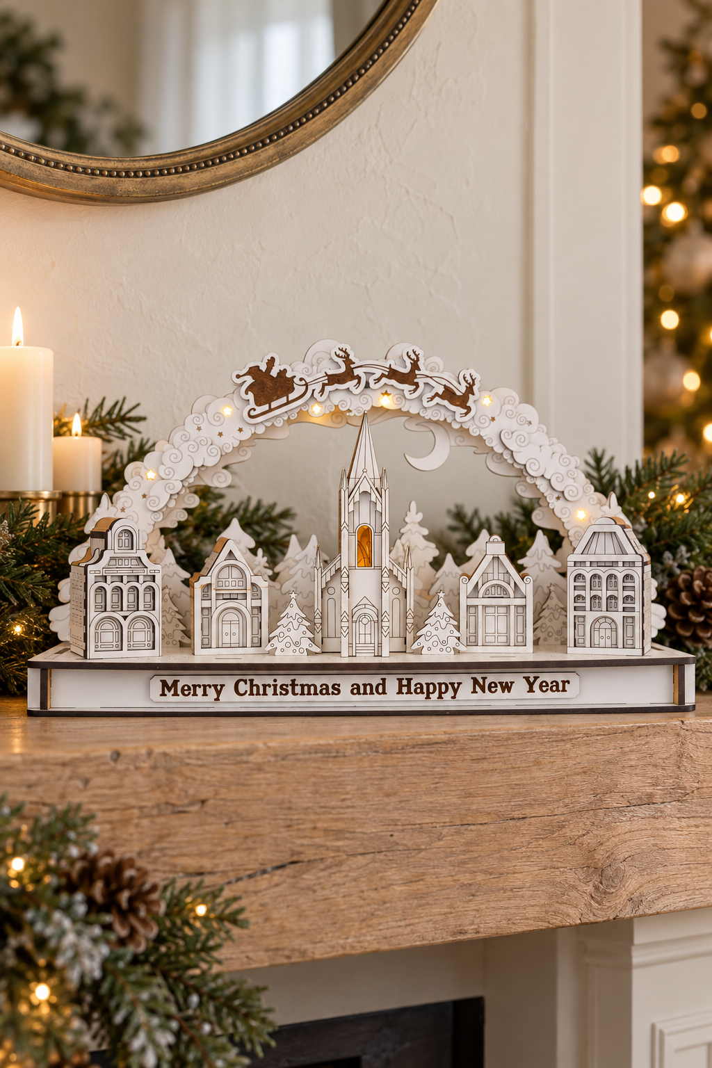 A decorative white Christmas villagescape tabletop ornament with a church spire, small houses, trees, reindeer, and a base reading 'Merry Christmas and Happy New Year,' styled on a wooden mantel with candles, pine branches, and warm string lights in the background.