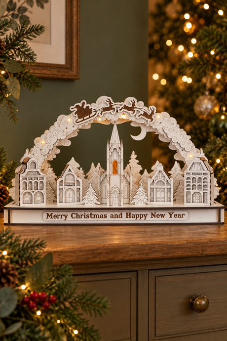 A white laser-cut wooden Christmas village scene, tabletop decoration with a church tower, trees, houses, reindeer, sleighs, and a sign reading 'Merry Christmas and Happy New Year,' displayed on a wooden cabinet in a decorated holiday room.