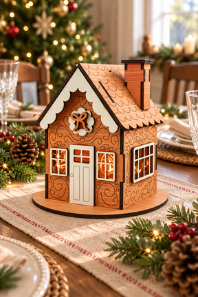 A decorative gingerbread-style house ornament displayed on a dining table in a festive holiday setting, with a blurred Christmas tree and place settings in the background.