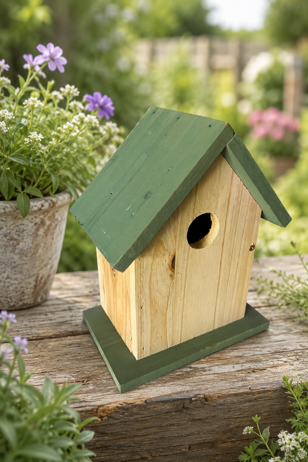 Wooden birdhouse with green roof on a wooden surface with plants in the background