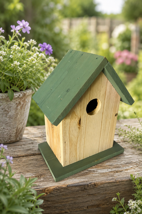 Wooden birdhouse with green roof on a wooden surface with plants in the background