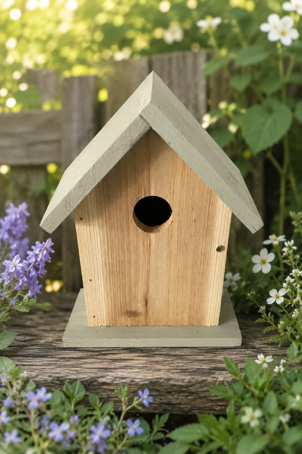 Wooden birdhouse with a light green roof on a log in a garden setting