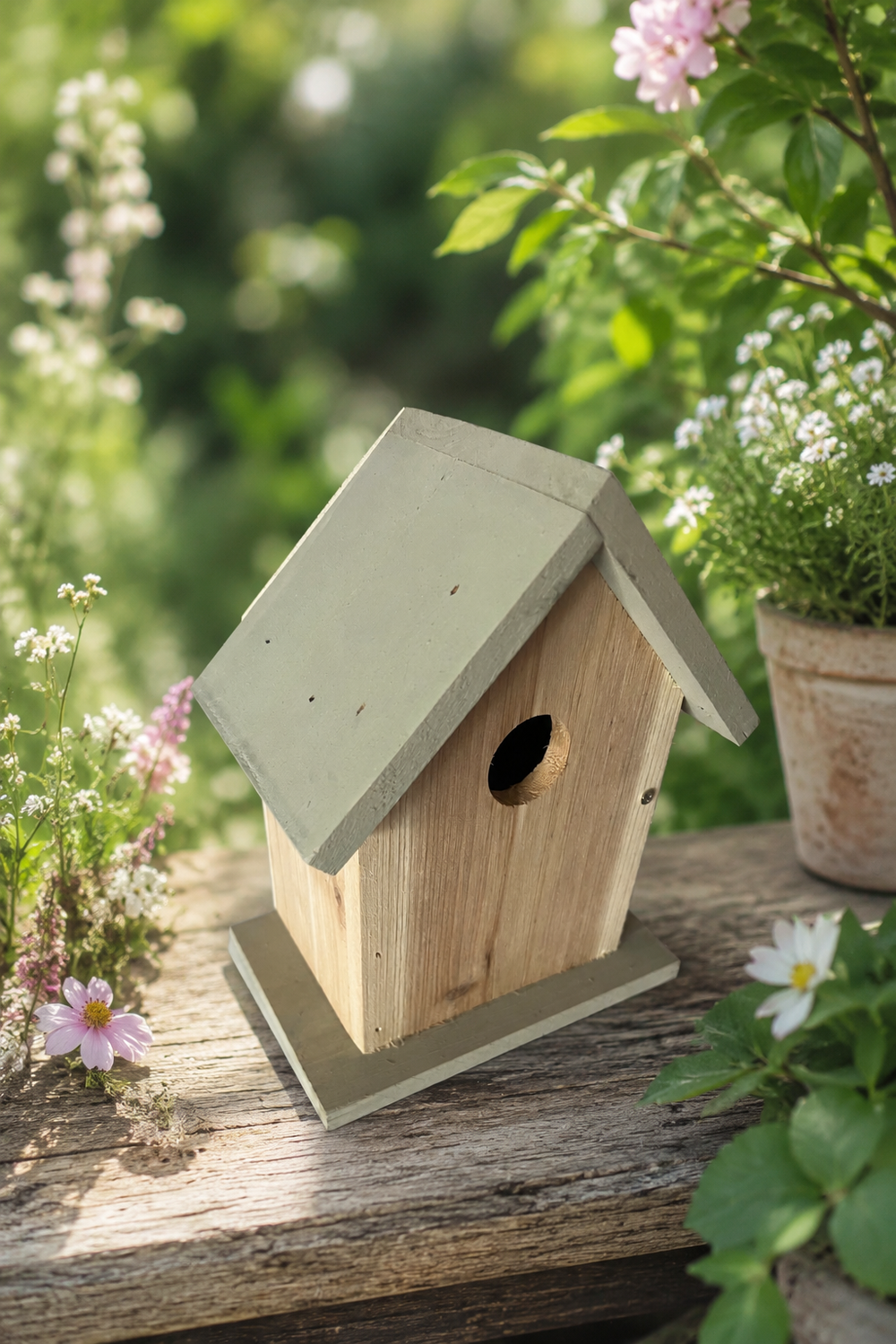 Wooden birdhouse on a wooden surface with greenery in the background