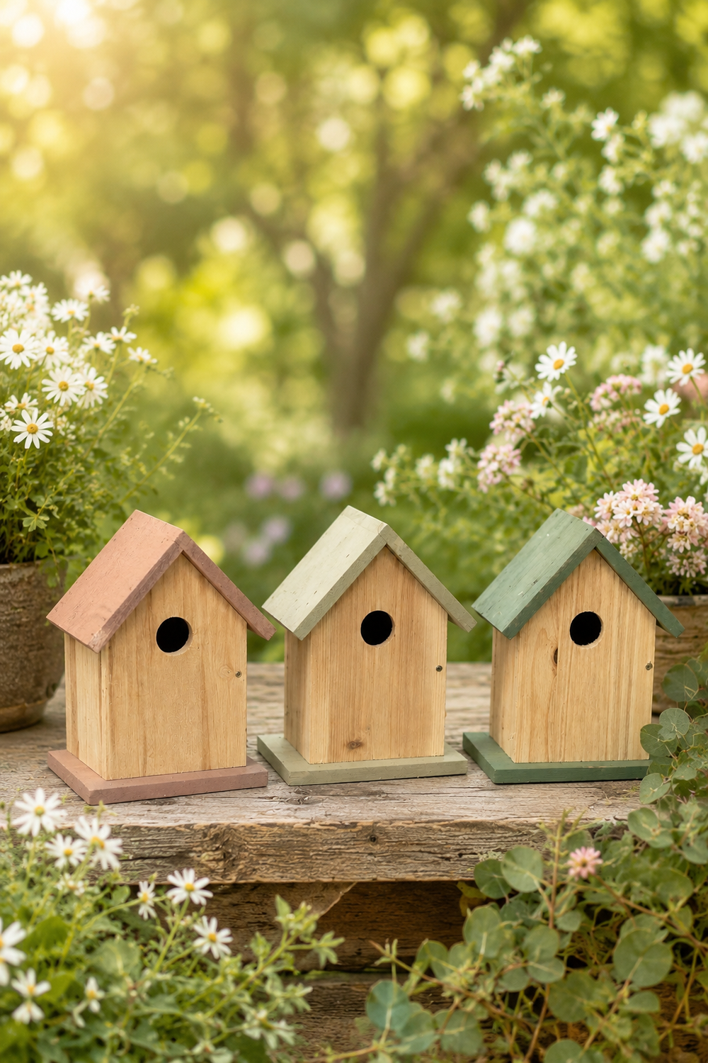 Three wooden birdhouses on a log with a garden background