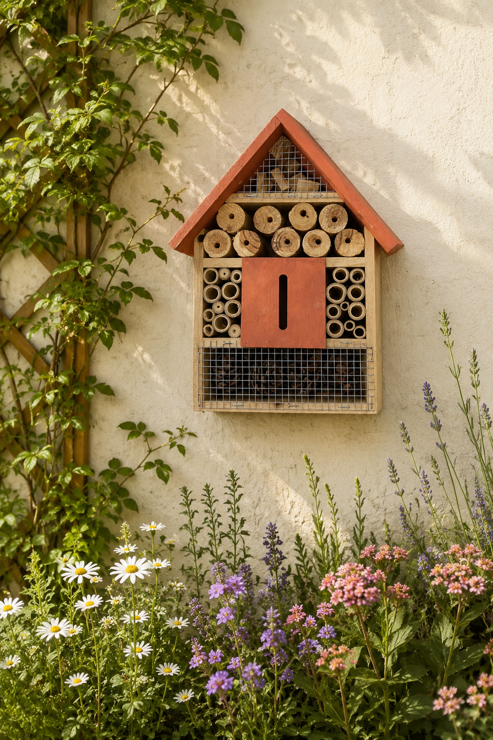 Insect hotel attached to a wall with flowers and plants in the foreground
