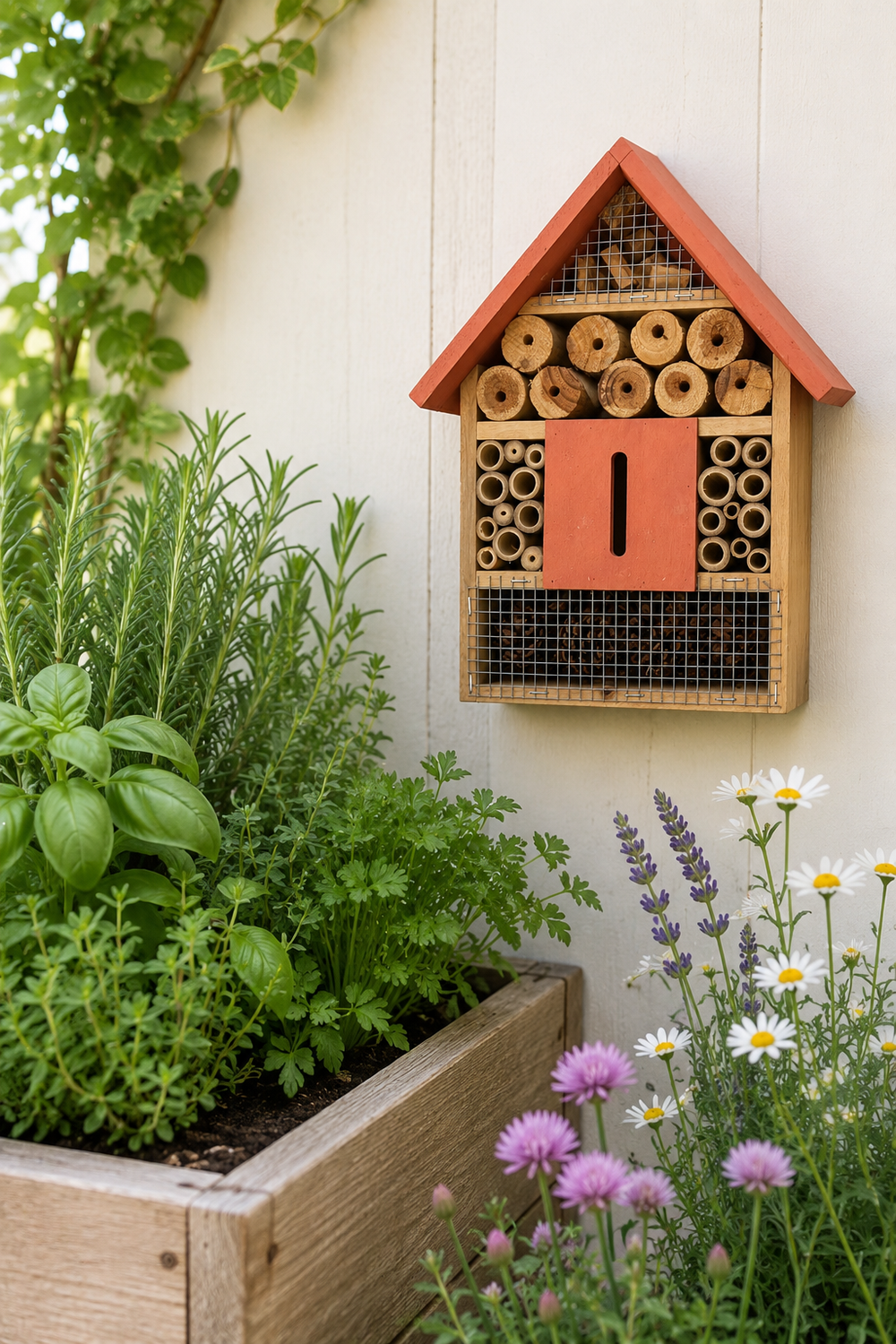 Insect hotel attached to a wooden wall with plants and flowers below