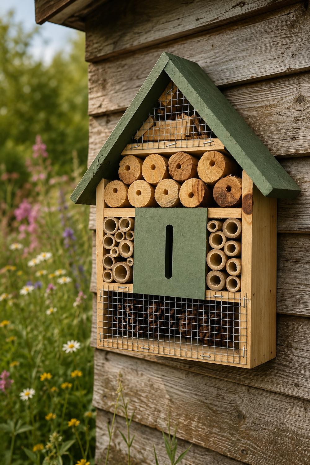 Wooden bee hotel attached to a wooden wall with a natural background