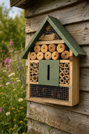 Wooden bee hotel attached to a wooden wall with a natural background