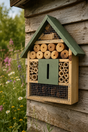 Wooden bee hotel attached to a wooden wall with a natural background