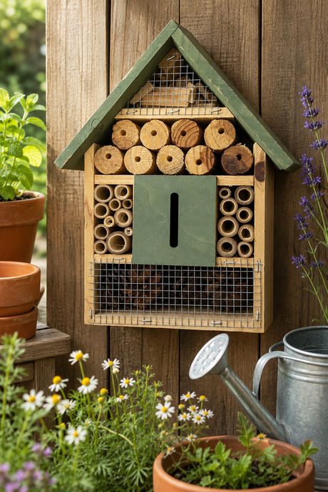Insect hotel attached to a wooden wall with plants and gardening tools around