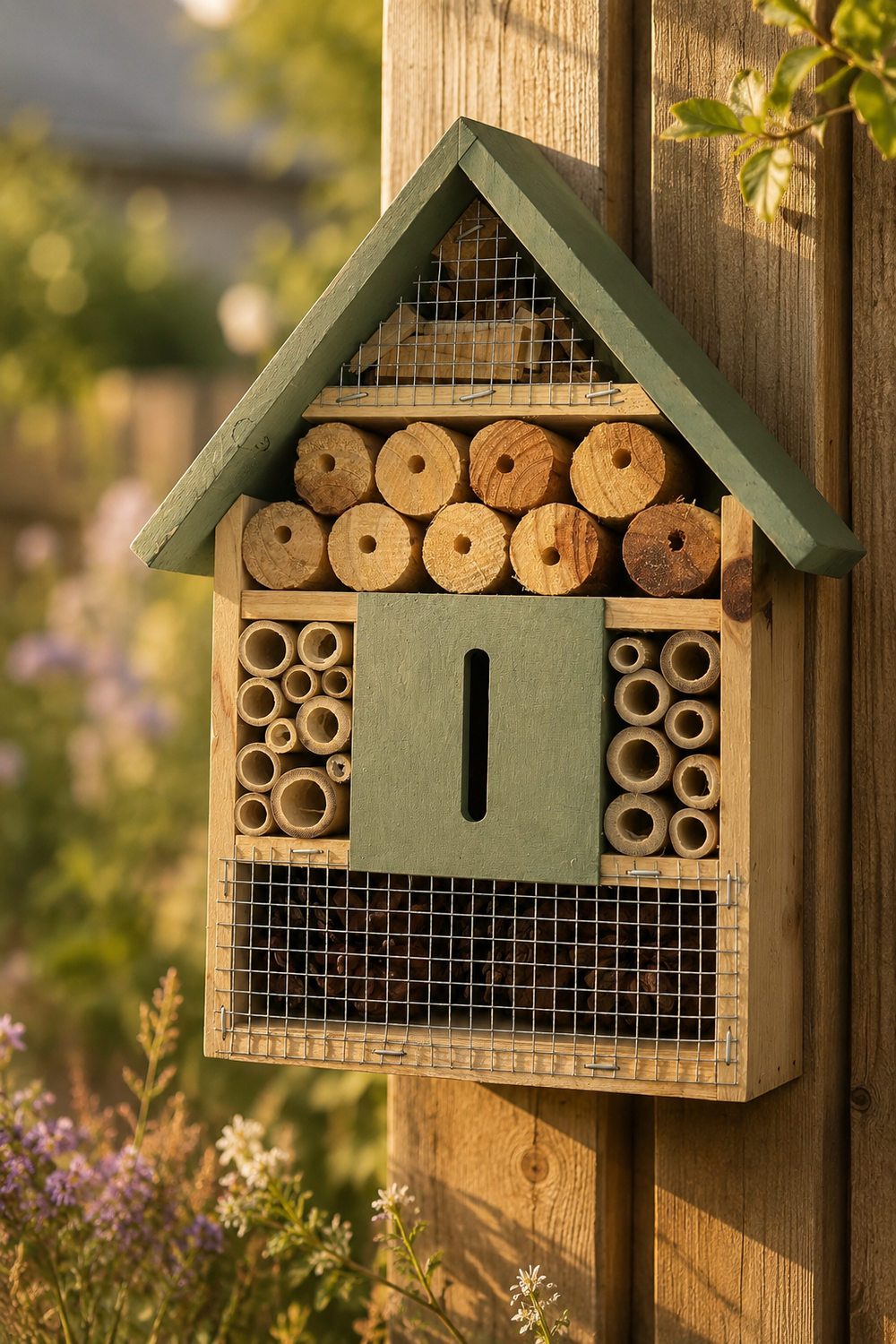 Wooden bee hotel attached to a wooden post with a blurred natural background