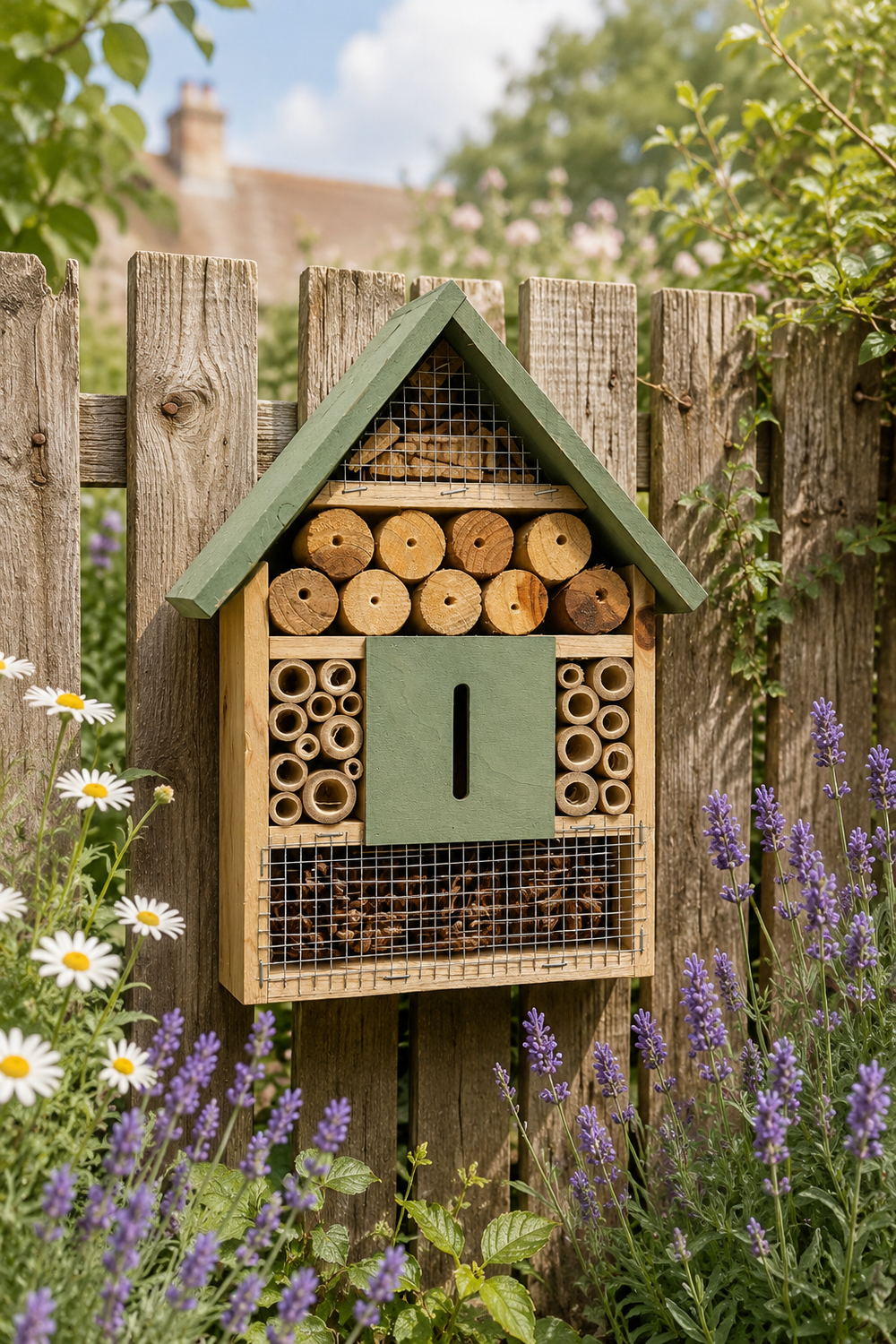 Wooden bee hotel attached to a wooden fence with flowers in the foreground