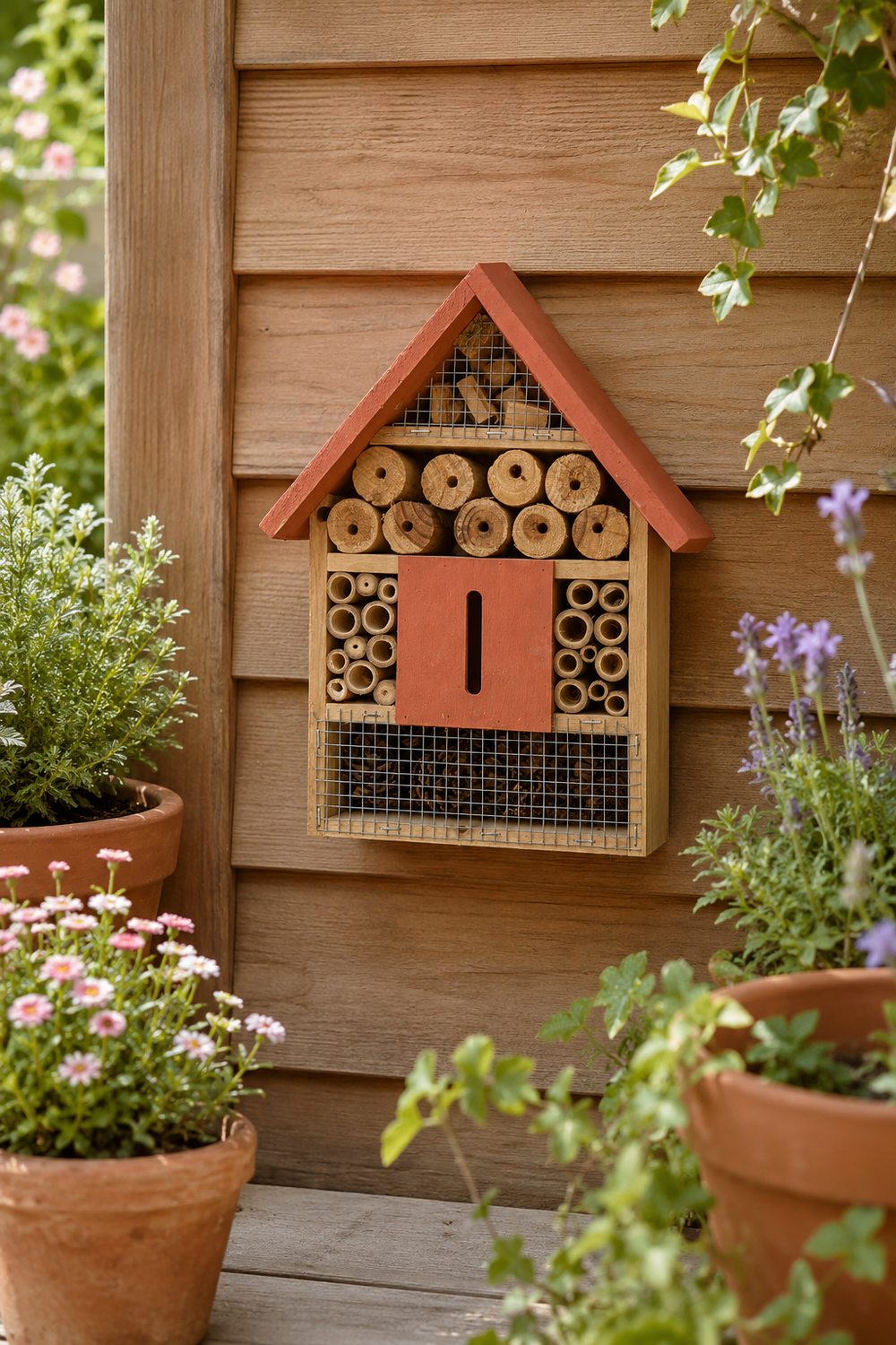 Wooden bee hotel attached to a wooden wall with plants around