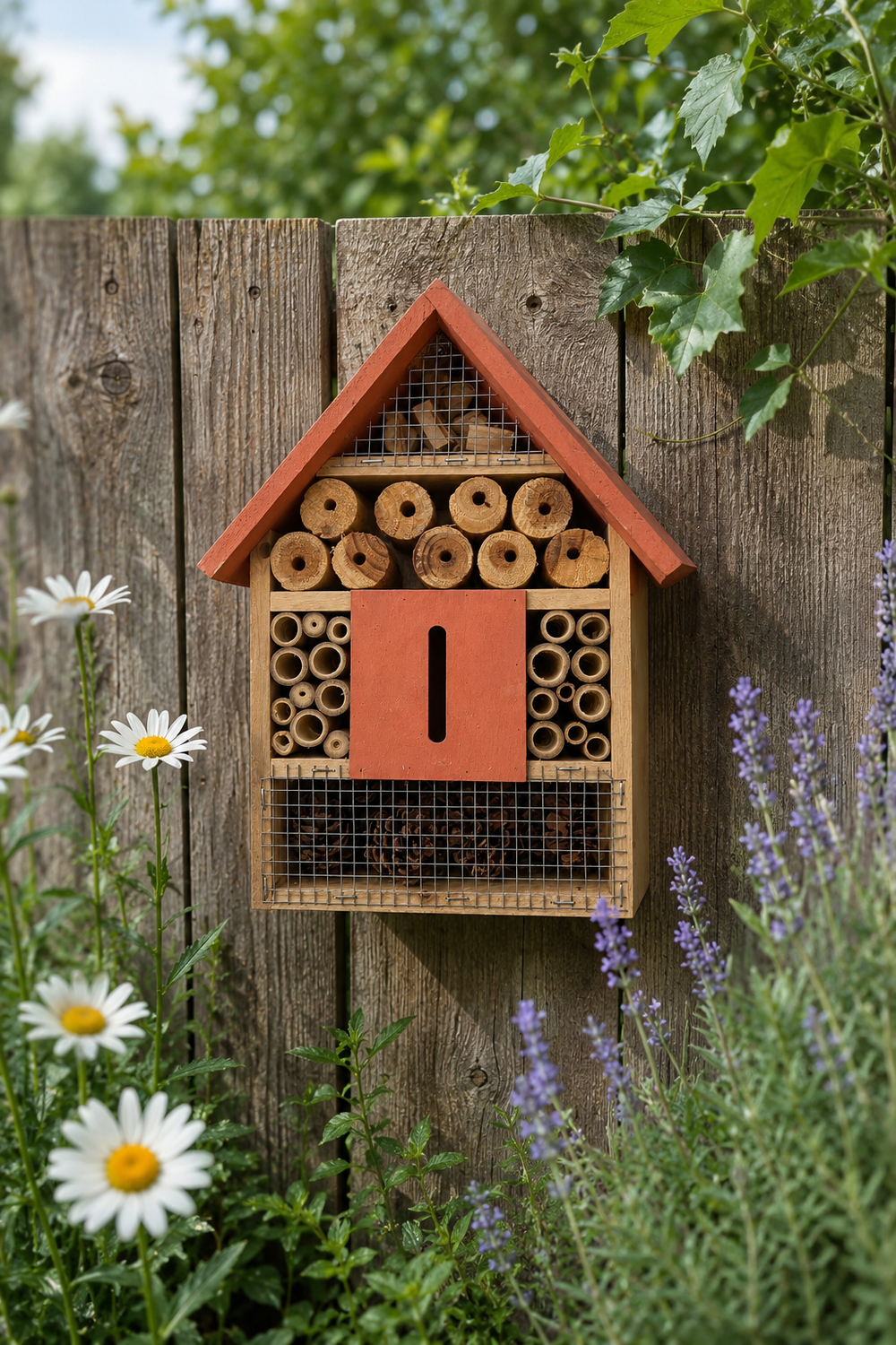 Insect hotel attached to a wooden fence with flowers and plants around