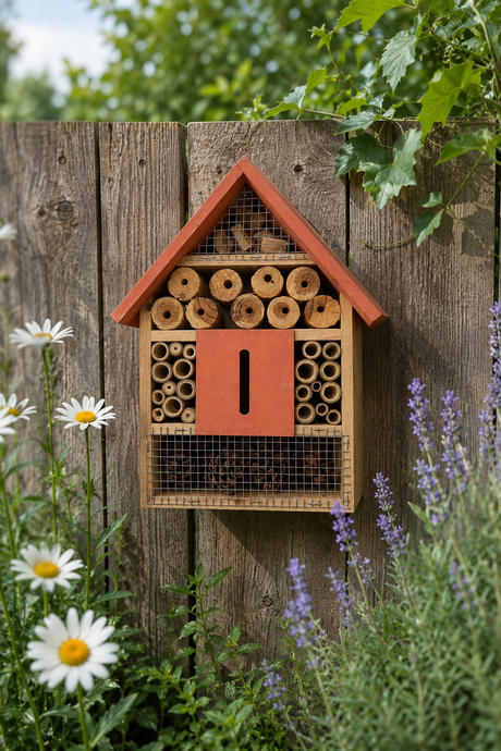 Insect hotel attached to a wooden fence with flowers and plants around