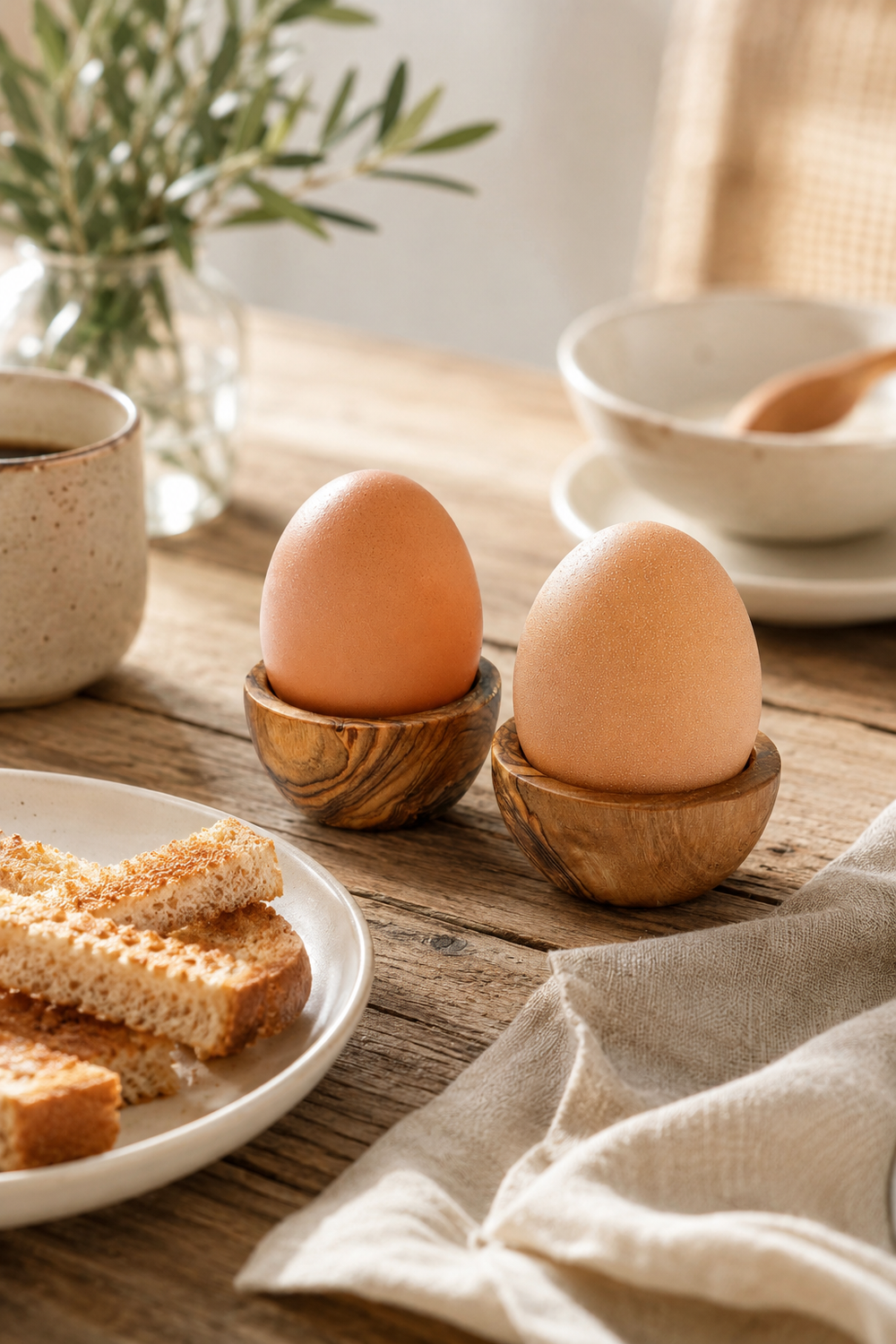 Wooden boiled egg cups made from olive wood