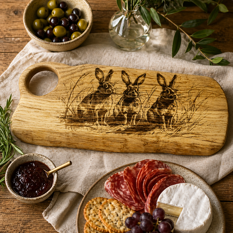 Wooden charcuterie board with rabbit design on a table with food items