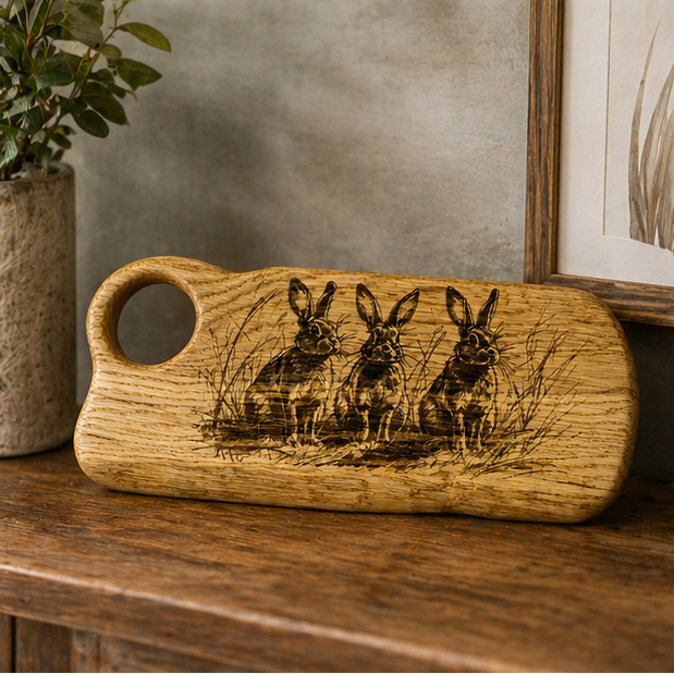 Wooden charcuterie board with three rabbits design on a table setting with food.