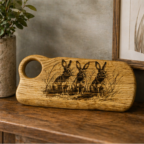 Wooden charcuterie board with three rabbits design on a table setting with food.