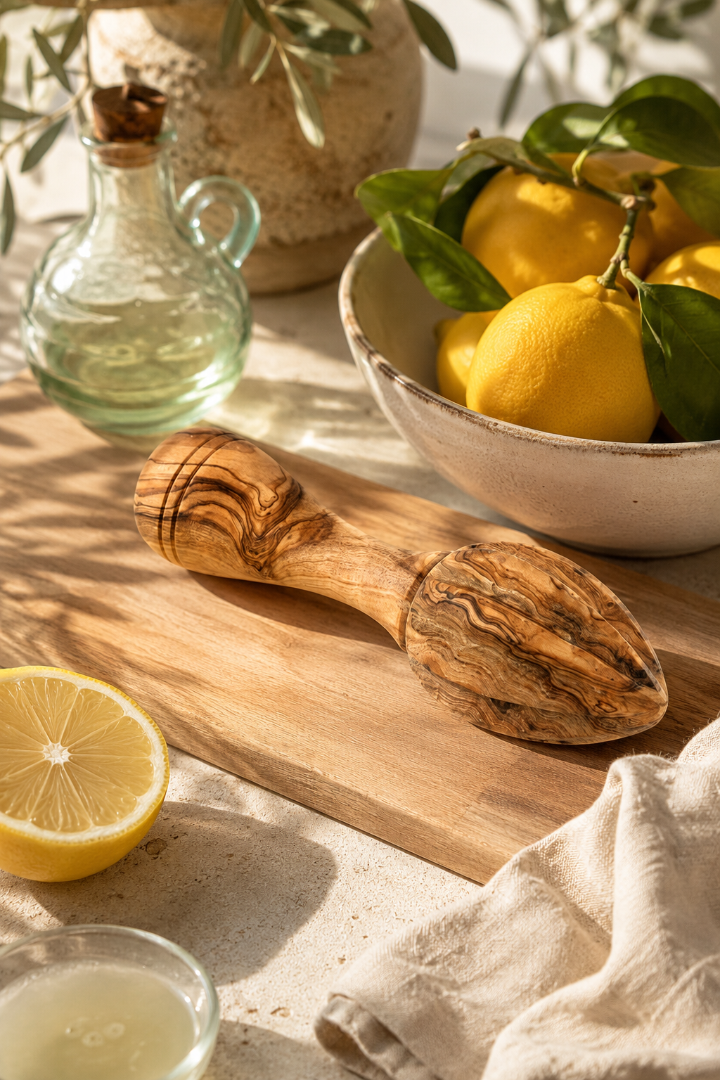 Wooden lemon squeezer made from natural olive wood