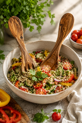 Wooden salad servers set for smaller bowls and everyday meals. Salad in a white bowl with wooden spoons, surrounded by fresh herbs and tomatoes.