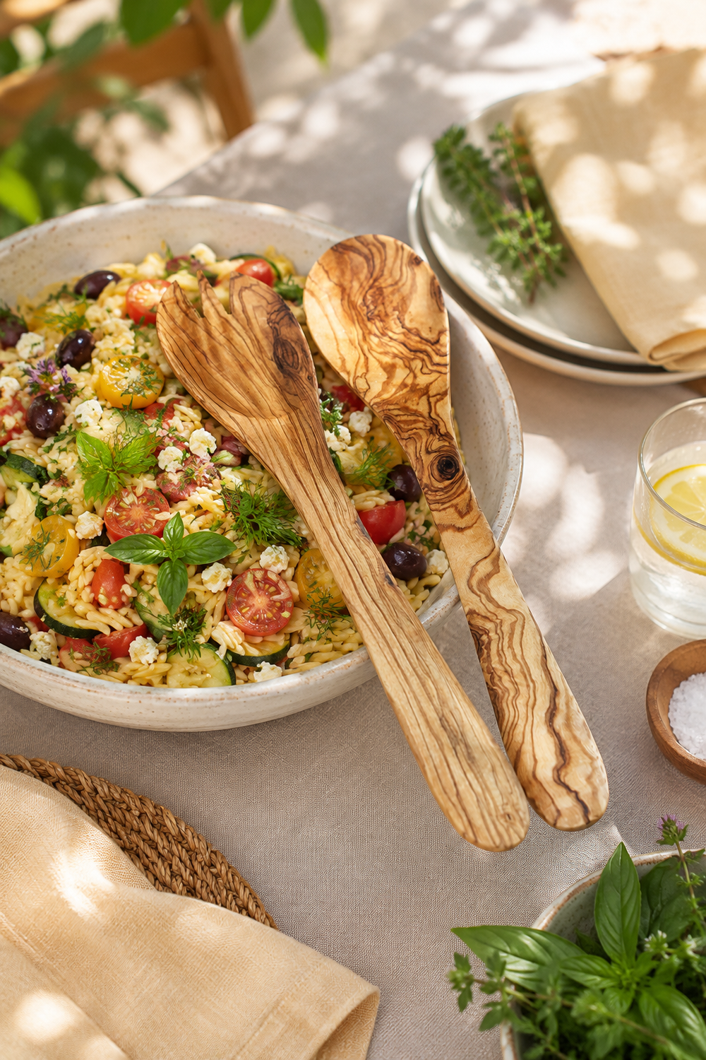 Wooden salad spoon and fork made from natural olive wood