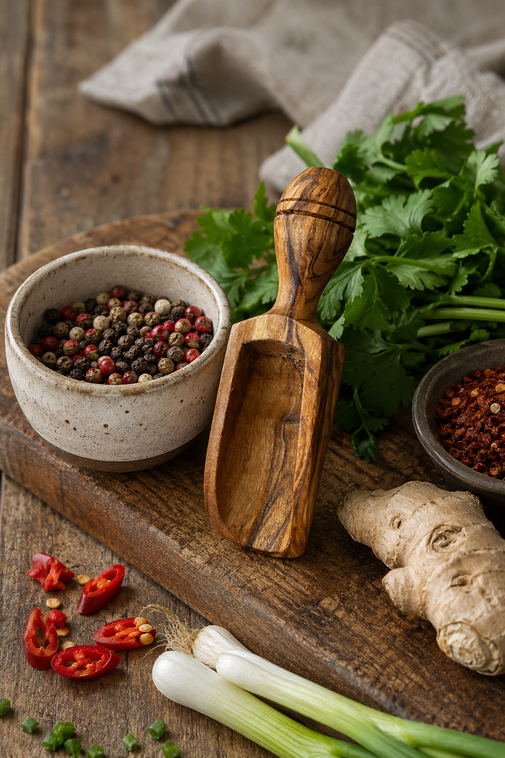 Compact olive wood kitchen scoop for dry ingredients
