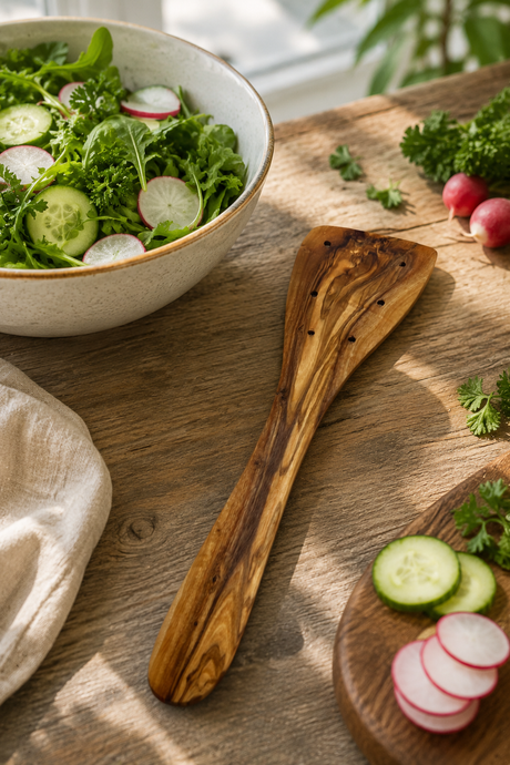 Wooden slotted spatula made from olive wood