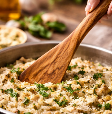 Wooden spoon stirring a dish of rice and greens in a pan, with a blurred background of a kitchen setting.