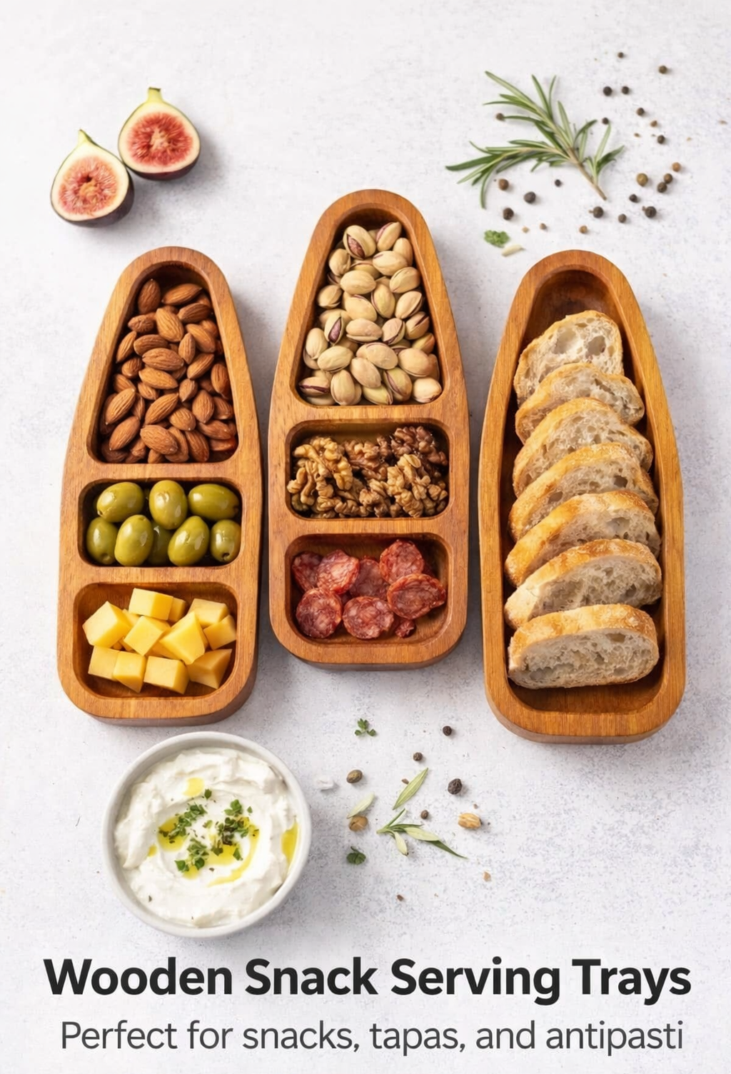 Three wooden snack serving trays filled with various snacks on a light gray background.