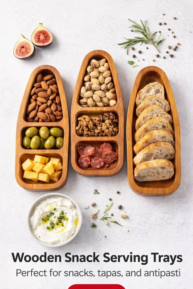 Three wooden snack serving trays filled with various snacks on a light gray background.