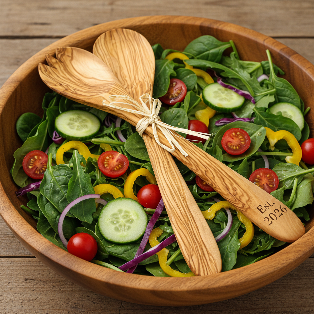 Set of wooden salad servers with 'Est. 2026' engraving 
