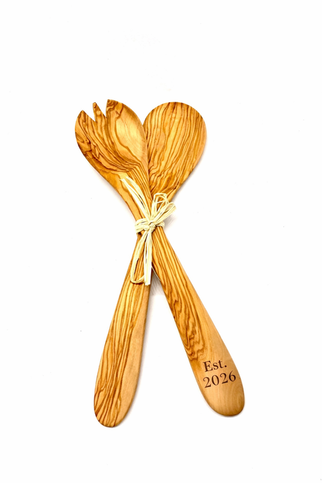 Olive Wood Salad Servers Set – Wooden Salad Spoon & Fork (36cm) with Optional Personalised Engraving
