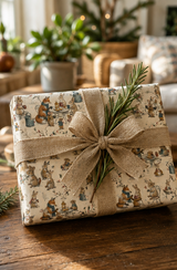 Illustrated woodland animal Christmas wrapping paper featuring scarf-wearing foxes, rabbits and mice sharing hot drinks and mince pies at a winter garden party. The pencil-sketch design includes lanterns, wrought-iron tables, watering cans, holly and snowy branches in teal, russet, pink, mustard, red and green on warm ivory.