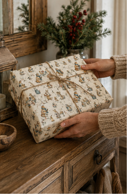 Illustrated woodland animal Christmas wrapping paper featuring scarf-wearing foxes, rabbits and mice sharing hot drinks and mince pies at a winter garden party. The pencil-sketch design includes lanterns, wrought-iron tables, watering cans, holly and snowy branches in teal, russet, pink, mustard, red and green on warm ivory.