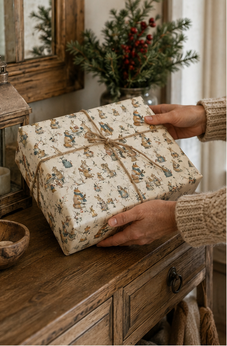 Illustrated woodland animal Christmas wrapping paper featuring scarf-wearing foxes, rabbits and mice sharing hot drinks and mince pies at a winter garden party. The pencil-sketch design includes lanterns, wrought-iron tables, watering cans, holly and snowy branches in teal, russet, pink, mustard, red and green on warm ivory.