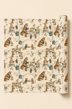 Illustrated woodland animal Christmas wrapping paper featuring scarf-wearing foxes, rabbits and mice sharing hot drinks and mince pies at a winter garden party. The pencil-sketch design includes lanterns, wrought-iron tables, watering cans, holly and snowy branches in teal, russet, pink, mustard, red and green on warm ivory.