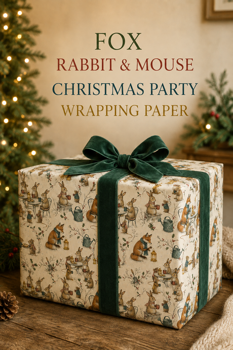 A scarf-wearing fox cycles through the snow with a little dog in the basket and a Christmas tree piled with presents across the back. This pencil-sketch wrapping paper combines foxes, cycling and a wonderfully overpacked festive journey.