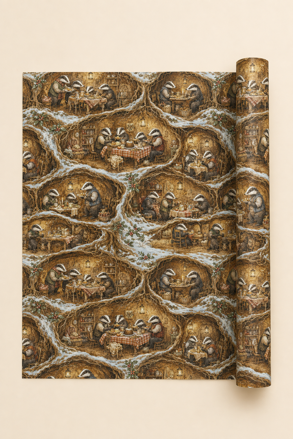 A roll of wrapping paper or wallpaper with a repeating illustrated pattern of badgers in cozy cottage scenes, shown partially unrolled on a light beige background.