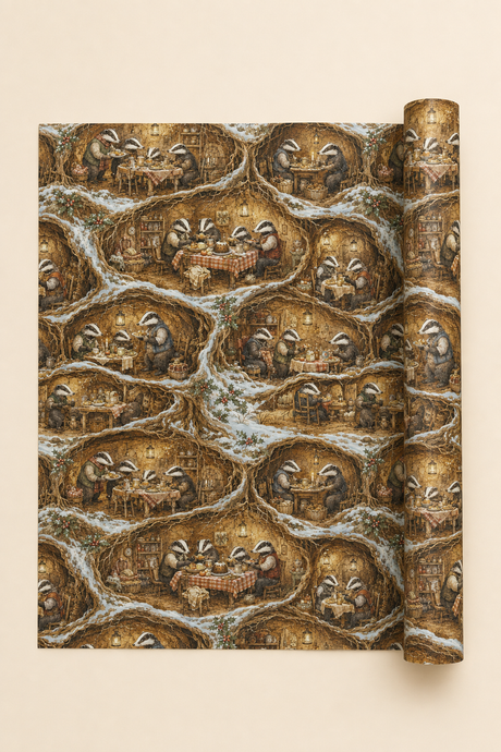 A roll of wrapping paper or wallpaper with a repeating illustrated pattern of badgers in cozy cottage scenes, shown partially unrolled on a light beige background.