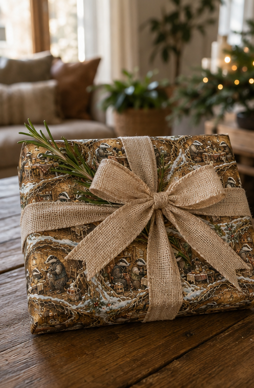 Detailed woodland Christmas wrapping paper showing badger families sharing a Boxing Day supper inside snow-covered underground burrows. The illustrated design includes lanterns, puddings, teapots, baskets, pantry shelves and holly in an earthy brown, cream, red, green and snowy white palette.