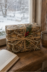 Detailed woodland Christmas wrapping paper showing badger families sharing a Boxing Day supper inside snow-covered underground burrows. The illustrated design includes lanterns, puddings, teapots, baskets, pantry shelves and holly in an earthy brown, cream, red, green and snowy white palette.