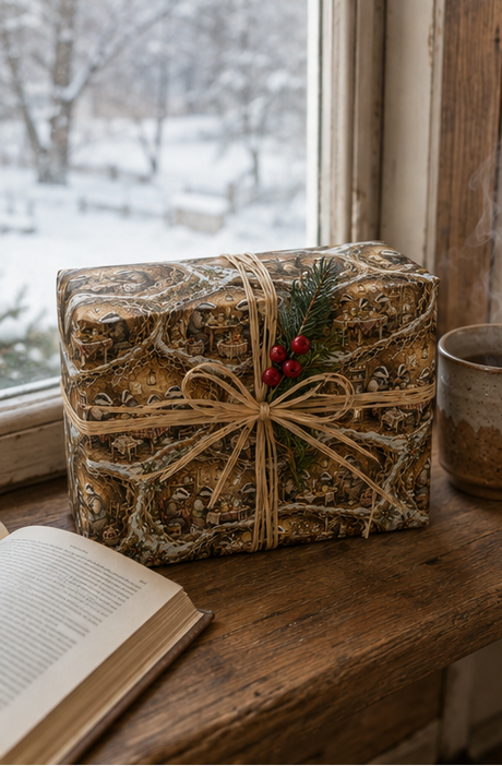 Detailed woodland Christmas wrapping paper showing badger families sharing a Boxing Day supper inside snow-covered underground burrows. The illustrated design includes lanterns, puddings, teapots, baskets, pantry shelves and holly in an earthy brown, cream, red, green and snowy white palette.