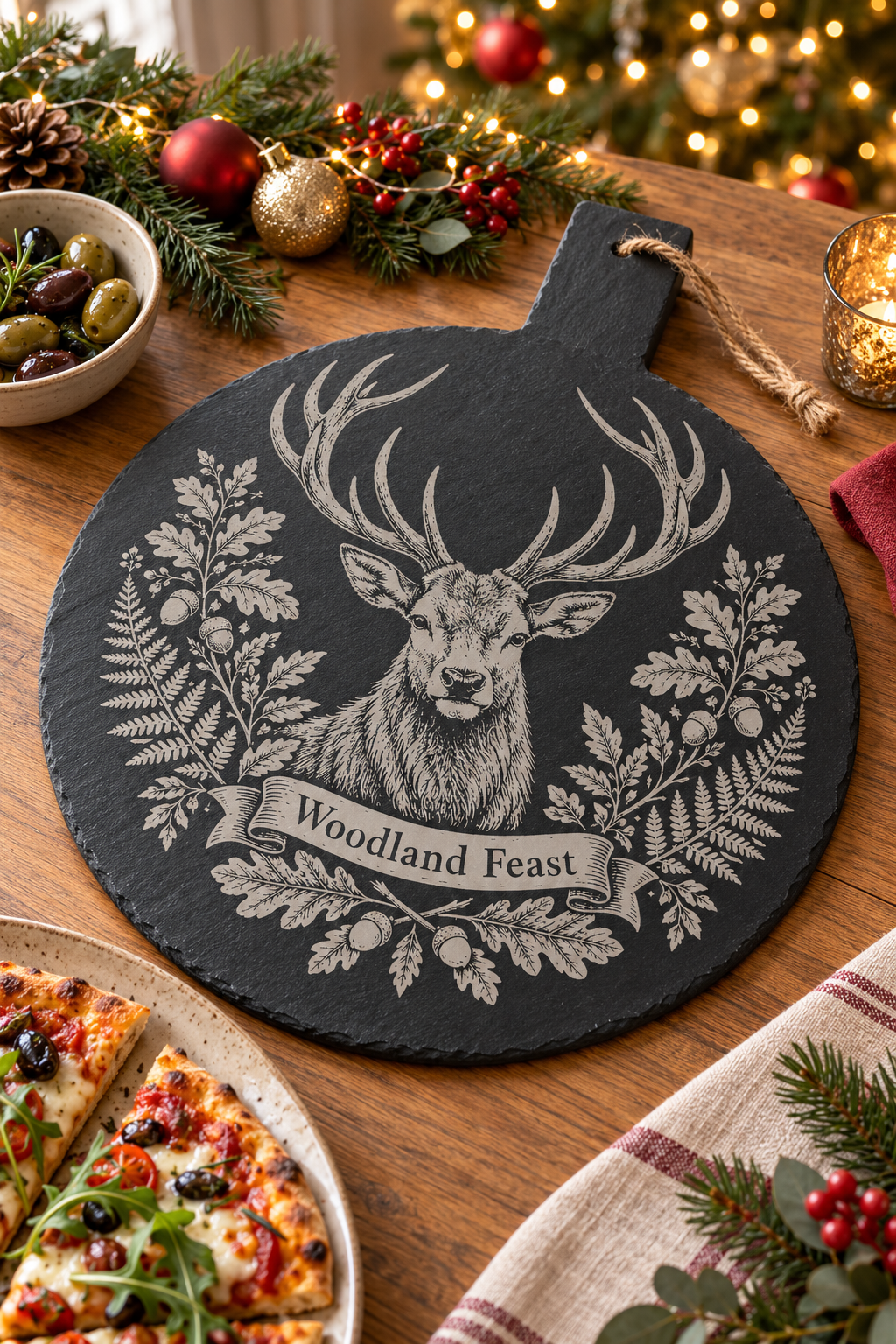 A round black slate serving board with a carved stag and the words 'Woodland Feast,' styled on a wooden table with holiday greenery, ornaments, a bowl of olives, pizza, and a candle.
