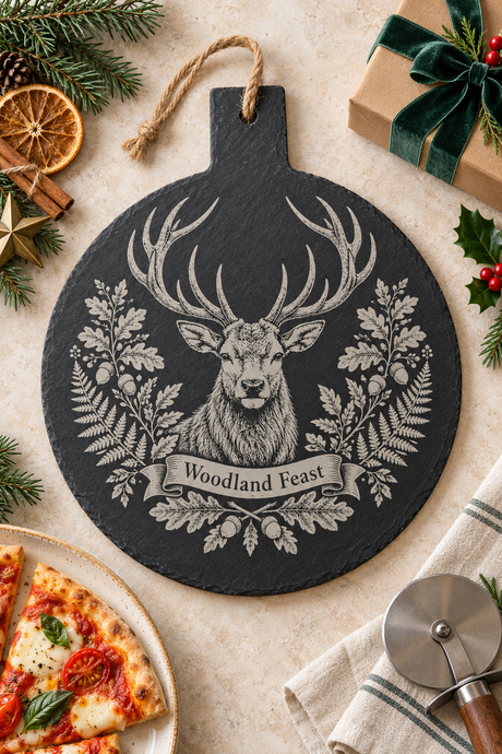 A round black slate serving board with a rustic hanger loop, featuring a detailed white engraving of a stag with antlers and the words 'Woodland Feast' on a banner. The board is styled in a flat-lay setting with a slice of pizza, a pizza cutter, a wrapped gift, dried orange slices, and pine branches on a light beige background.